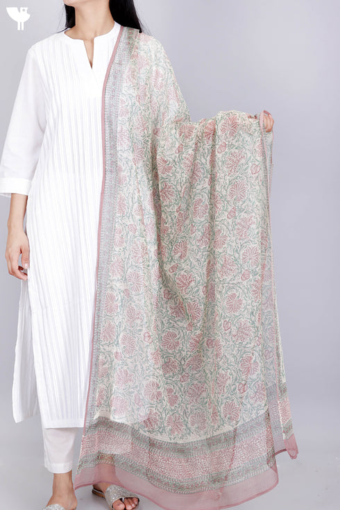 Kota Doria Dupatta In Floral Block Print